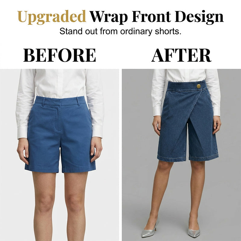 Hesperia - Korte damesbroek met denim effect en asymmetrische portefeuille snit