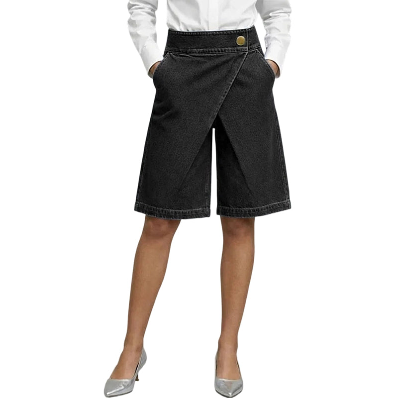 Hesperia - Korte damesbroek met denim effect en asymmetrische portefeuille snit