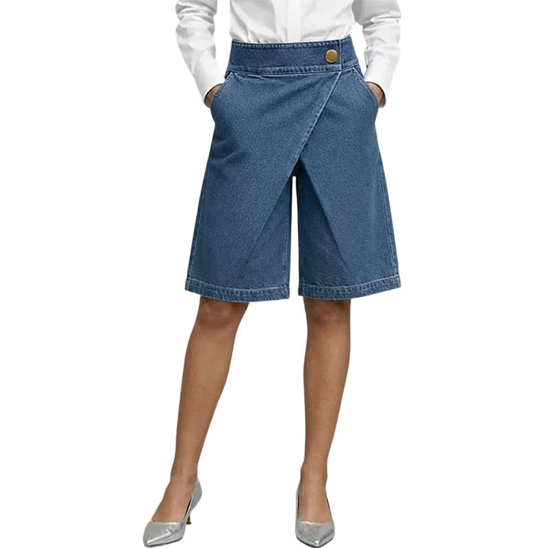 Hesperia - Korte damesbroek met denim effect en asymmetrische portefeuille snit