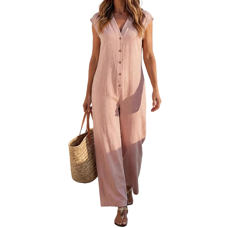 Maevyn - Dames jumpsuit zonder mouwen met knopen en brede benen
