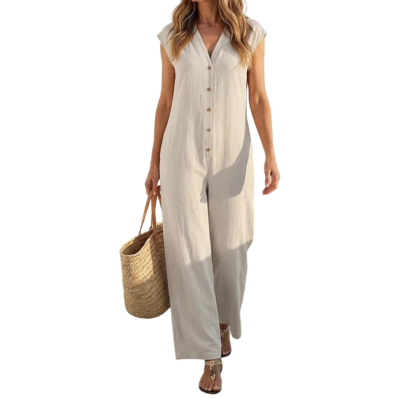 Maevyn - Dames jumpsuit zonder mouwen met knopen en brede benen