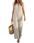 Maevyn - Dames jumpsuit zonder mouwen met knopen en brede benen