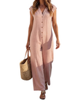 Maevyn - Dames jumpsuit zonder mouwen met knopen en brede benen