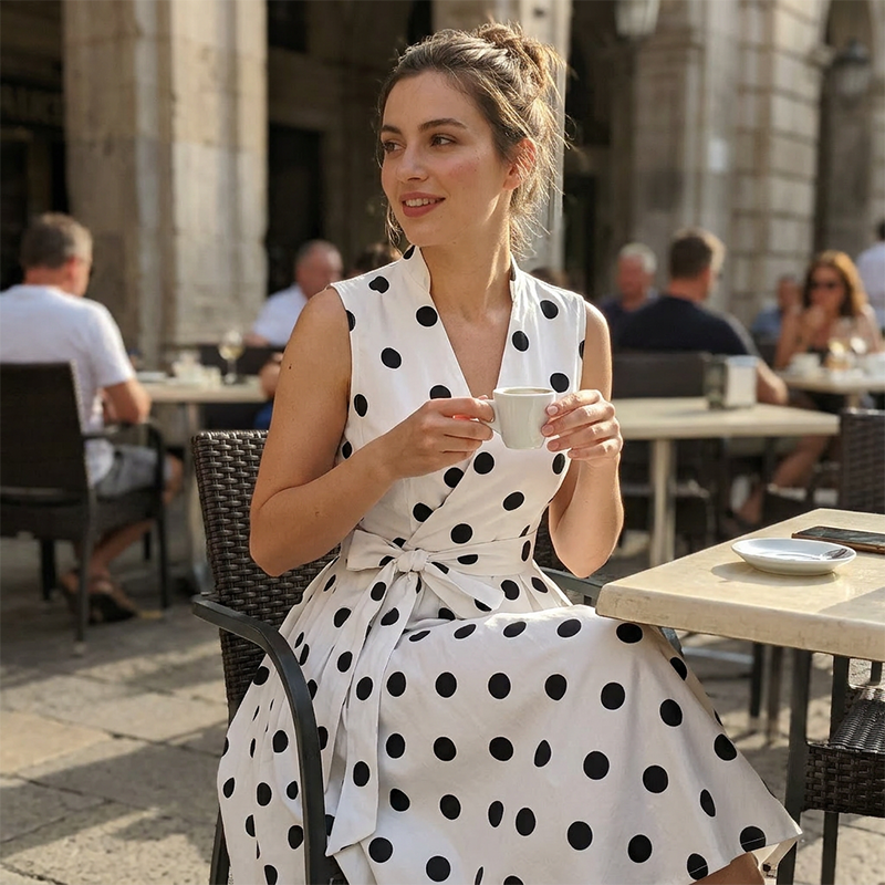 Briselle - Mouwloze damesjurk met stippen, V-hals en riem