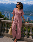 Sylenna - Dames jumpsuit met V-hals en brede benen met riem