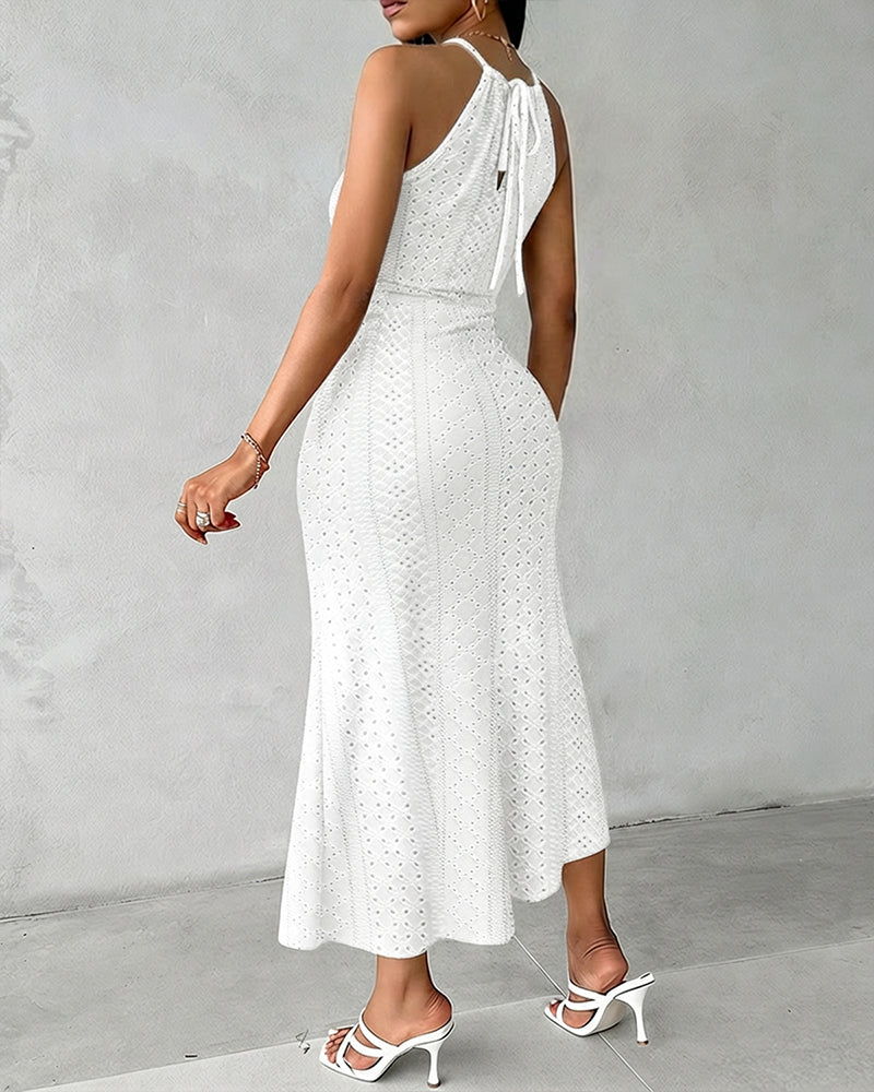 Fynovia - Midi jurk voor dames jacquard opengewerkt elegante halterhals split