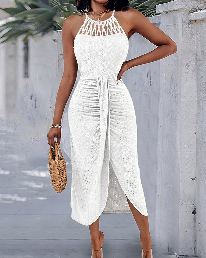 Fynovia - Midi jurk voor dames jacquard opengewerkt elegante halterhals split