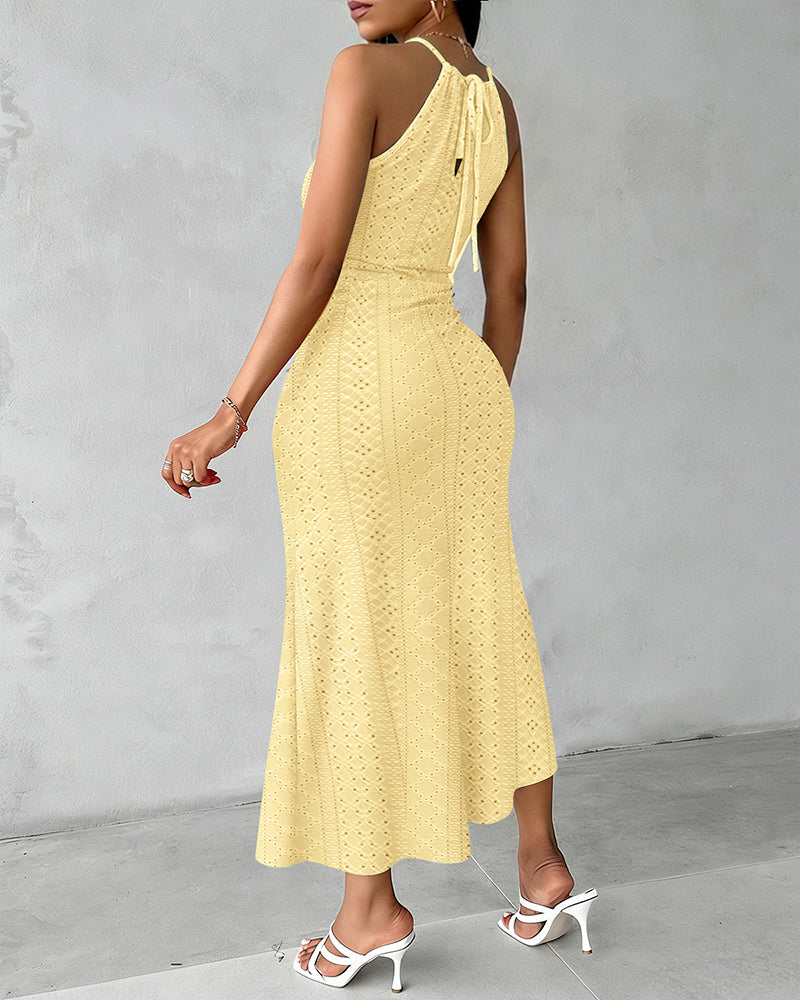 Fynovia - Midi jurk voor dames jacquard opengewerkt elegante halterhals split